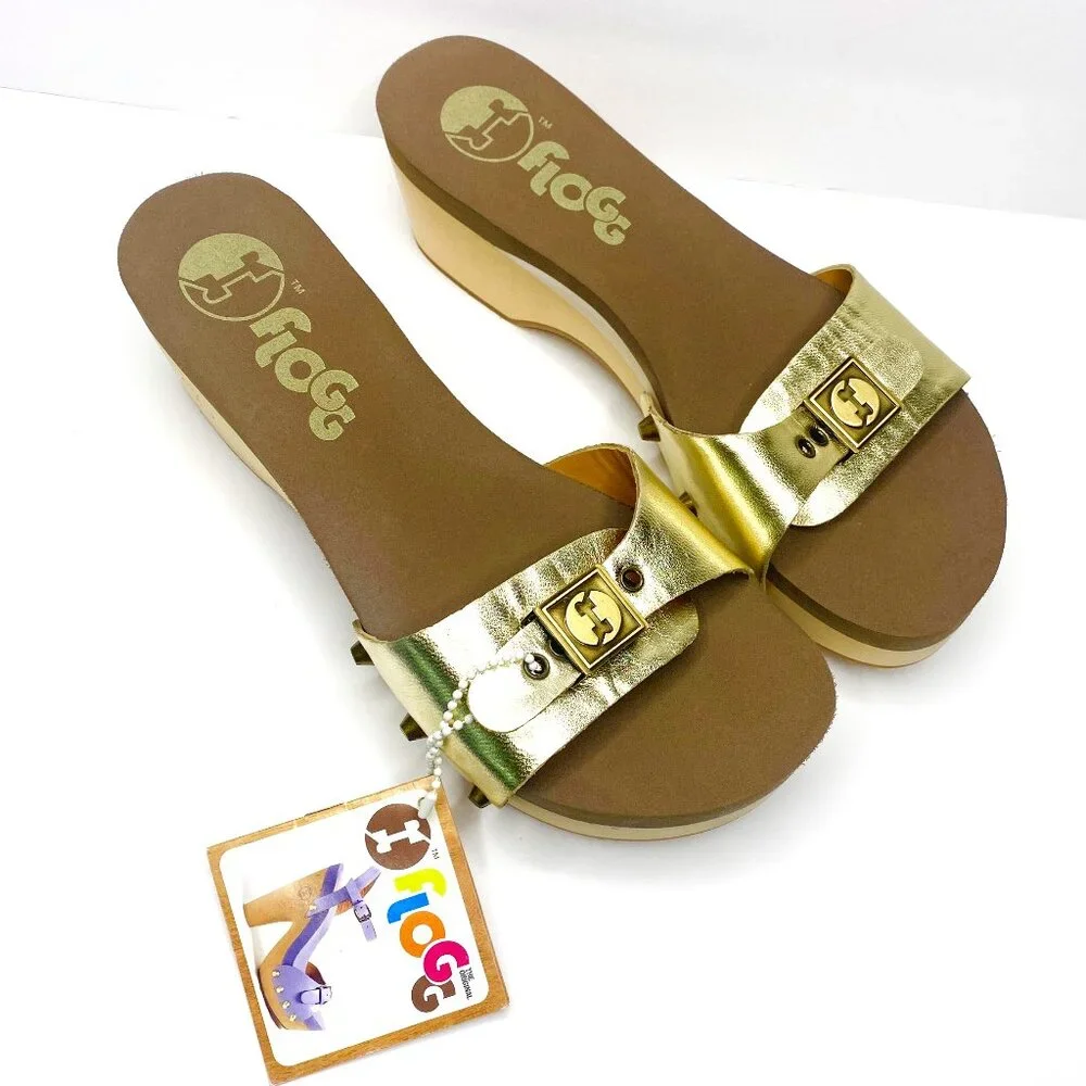 NWT Flogg Melanie Sandals Gold Leather Wooden Platform Retro Slides Y2K Size 7.5 - Picture 1 of 9